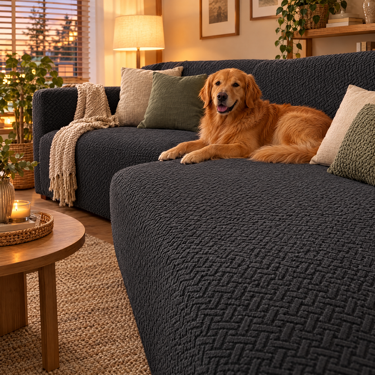 Canapé d'angle habillé d'une housse jacquard anthracite avec un chien