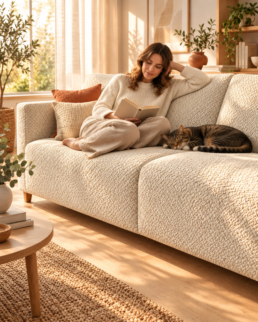 Chat endormi sur un canapé habillé d'une housse en jacquard