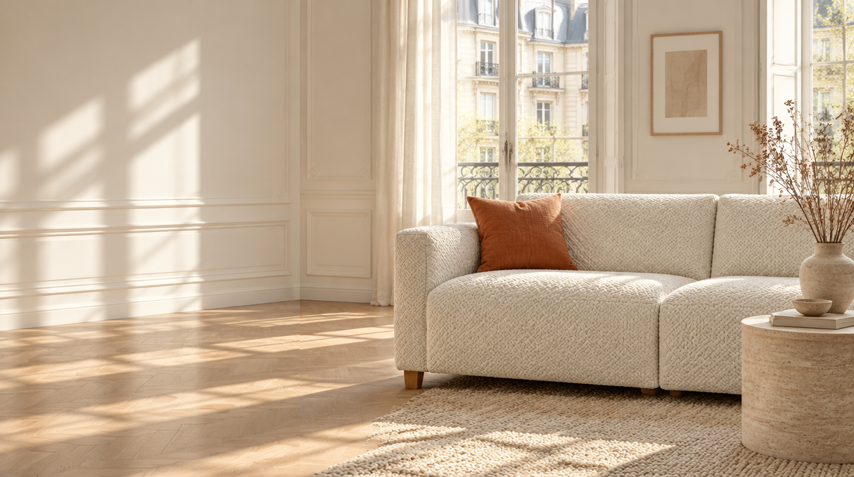 Canapé 3 places habillé d'une housse en jacquard écru dans un salon