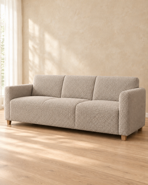 Housse de canapé jacquard coloris greige sur canapé 3 places