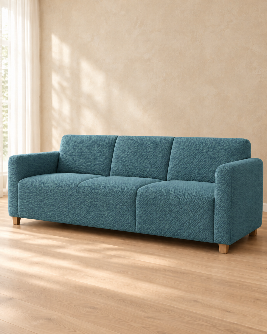 Housse de canapé jacquard coloris bleu canard sur canapé 3 places